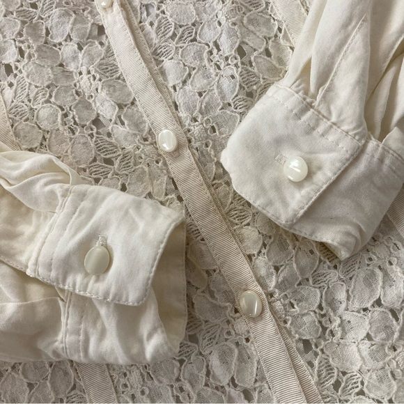 Vintage Forenza Lace Panel Button Up Blouse Cream Rayon Cotton Size Medium - Picture 3 of 9